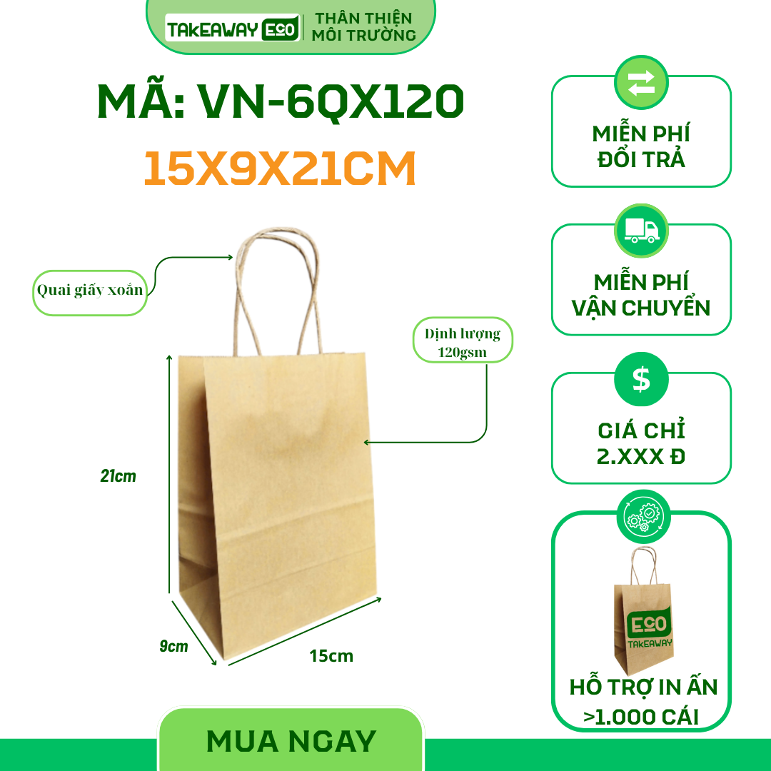 Túi Giấy Quai Xách Xuất Khẩu -15x9x21cm - Định Lượng 120gsm